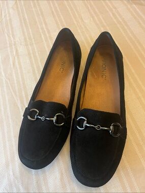 Vionic Black Suede Loafers with Silver Horsebit Accent